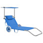 Chaise longue pliable avec auvent et roues Acier Bleu