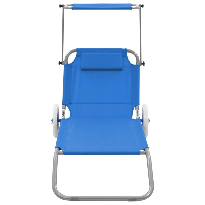 Chaise longue pliable avec auvent et roues Acier Bleu