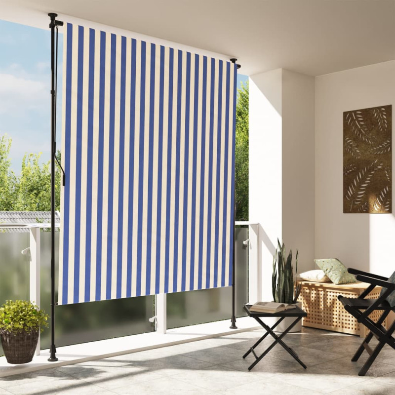 Store roulant d extérieur bleu et blanc 150x270 cm tissu acier