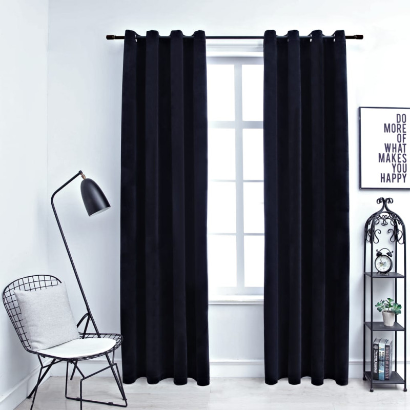 Rideaux occultants avec anneaux 2 pcs Velours Noir 140x225 cm