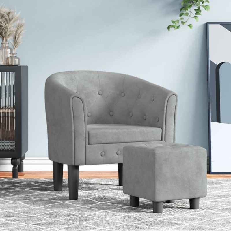 Fauteuil avec repose pied gris clair velours