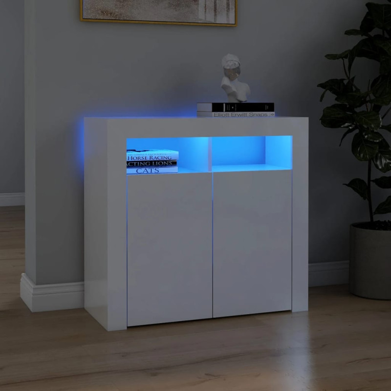 Buffet avec lumières LED blanc brillant 80x35x75 cm