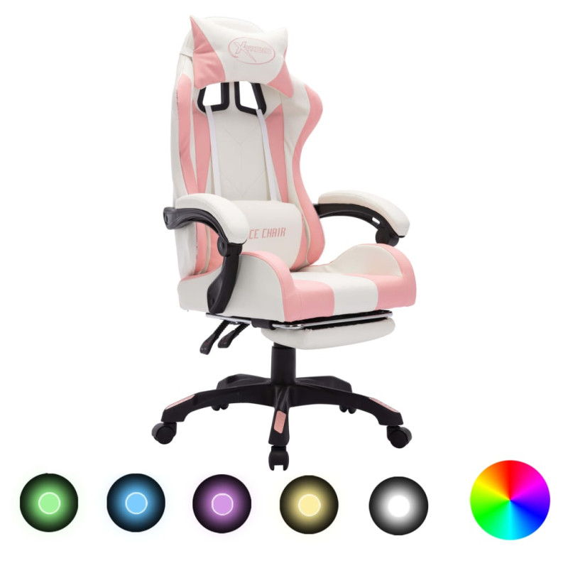 Fauteuil de jeux vidéo avec LED RVB Rose et blanc Similicuir