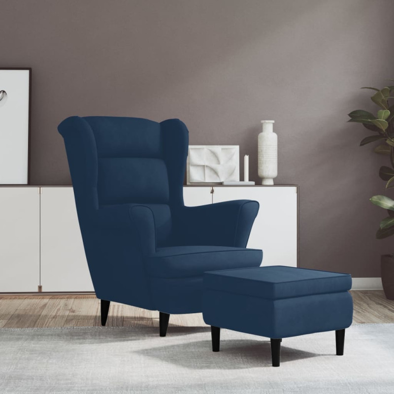 Fauteuil à oreilles avec tabouret bleu velours