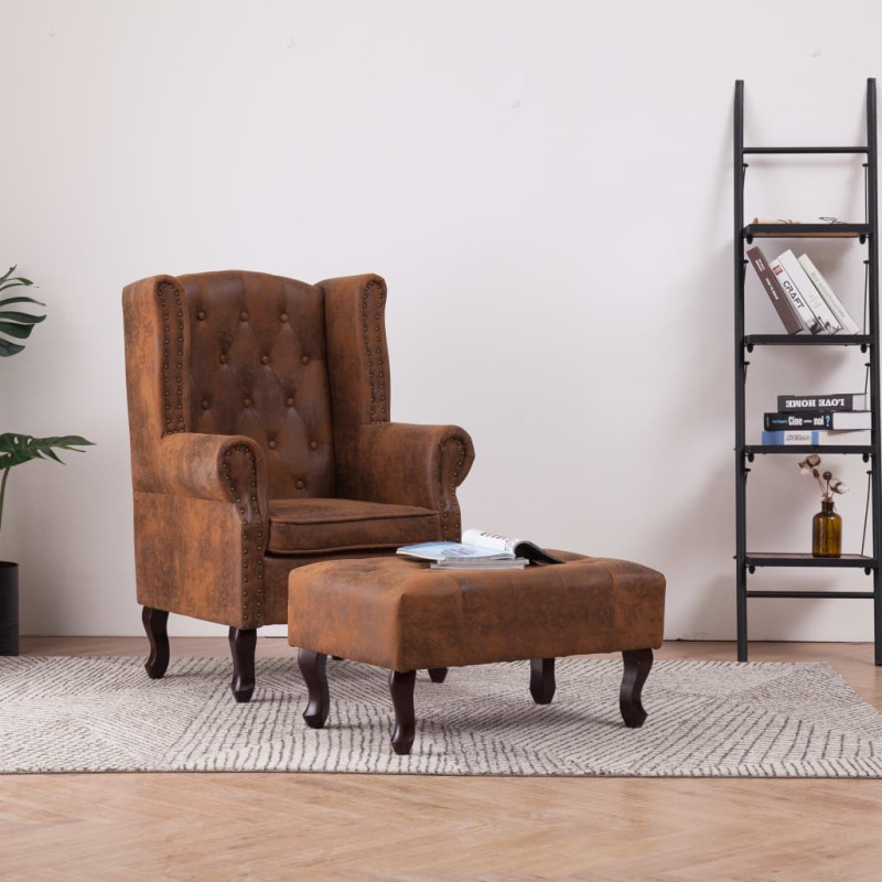 Fauteuil Chesterfield et repose pieds Marron Similicuir daim