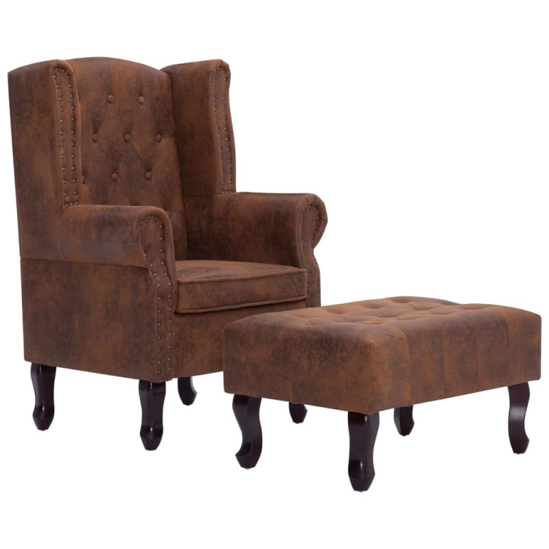 Fauteuil Chesterfield et repose pieds Marron Similicuir daim