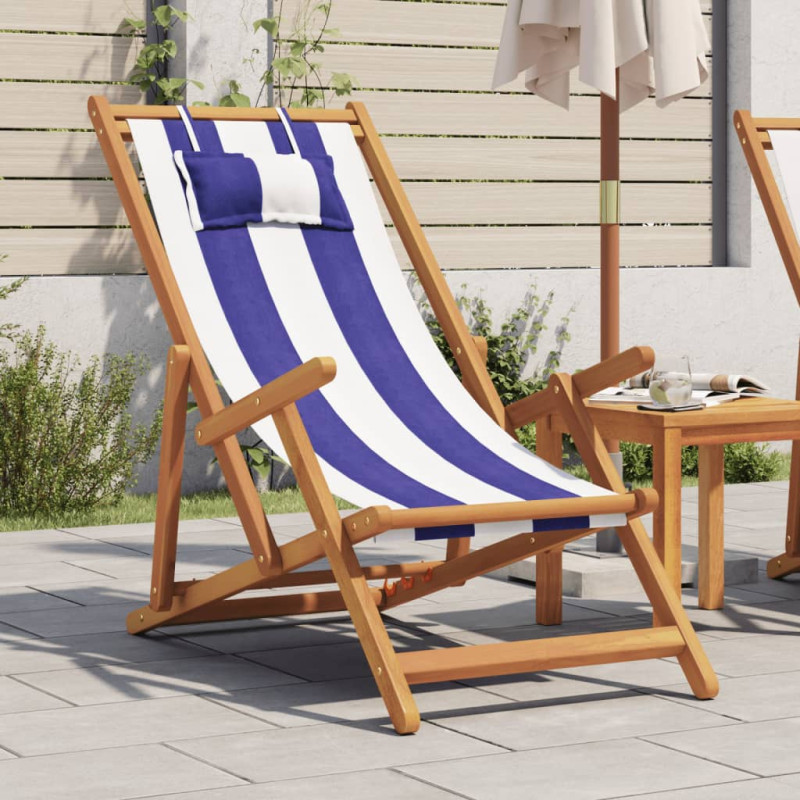 Chaise de plage pliable bleu et blanc bois d eucalyptus tissu