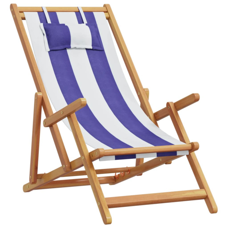 Chaise de plage pliable bleu et blanc bois d eucalyptus tissu