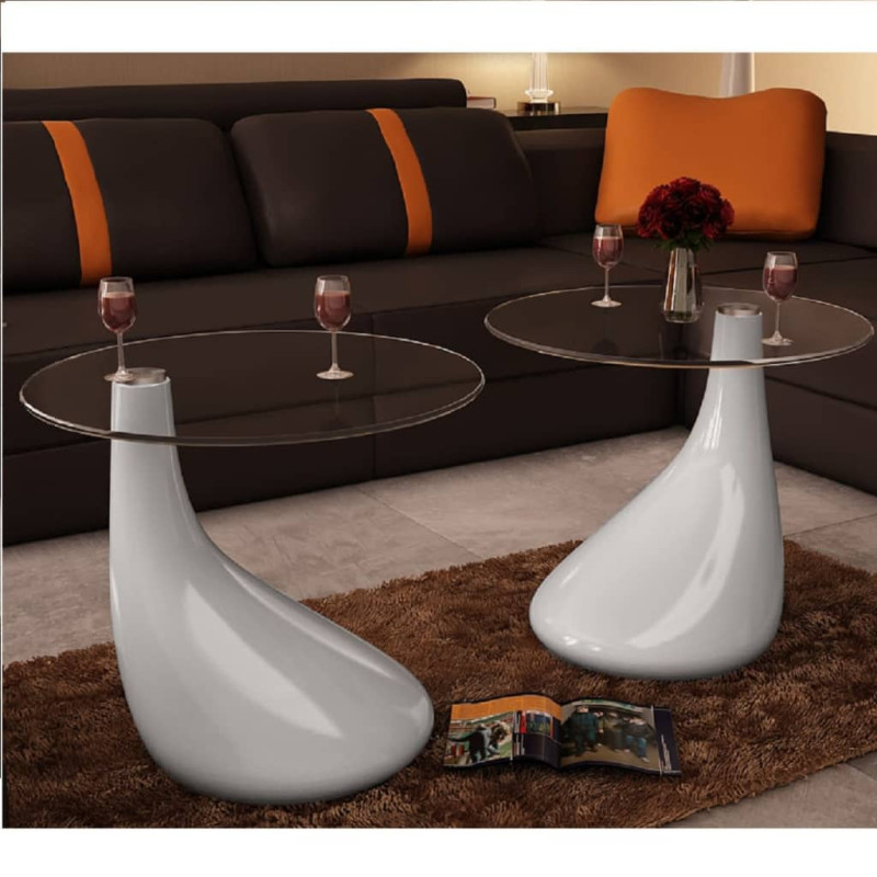 Table basse et dessus de table Verre rond Blanc brillant 2 pcs 