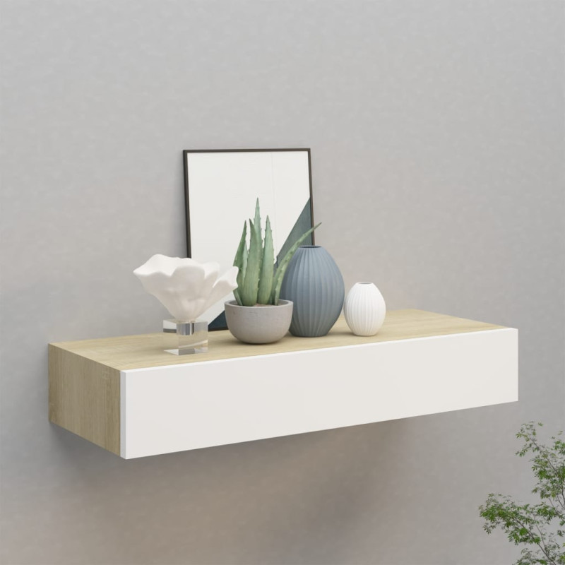 Étagère à tiroir murale chêne et blanc 60x23,5x10 cm MDF