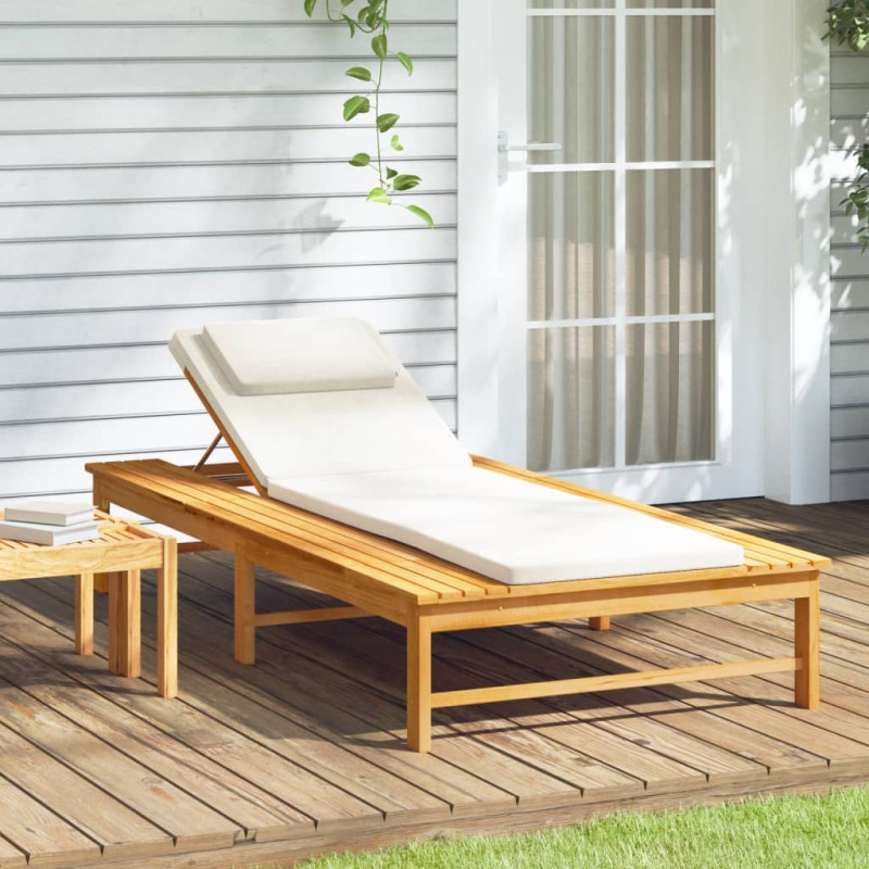 Chaise longue coussin oreiller blanc crème bois massif acacia