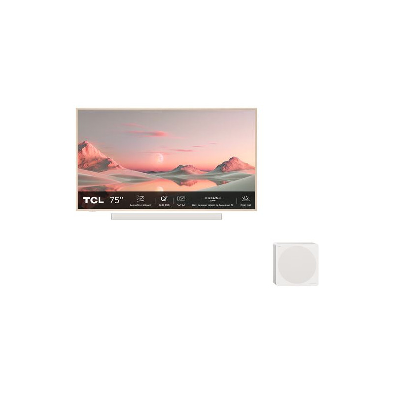 Pack TV QLED Pro TCL 75A300PRO NXTFrame 190 cm 4K UHD 2024 Aluminium brossé + Barre de son 3.1.2ch avec caisson de basses