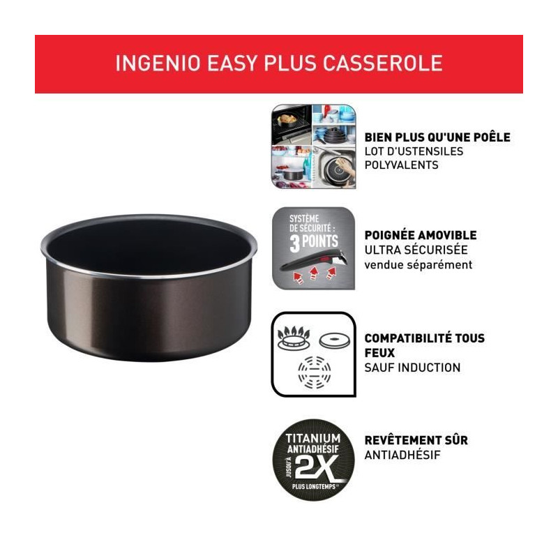 TEFAL INGENIO Easy Plus Casserole 18 cm, Non induction, Antiadhésif, Empilable, Compatible Lave-vaisselle L1509202