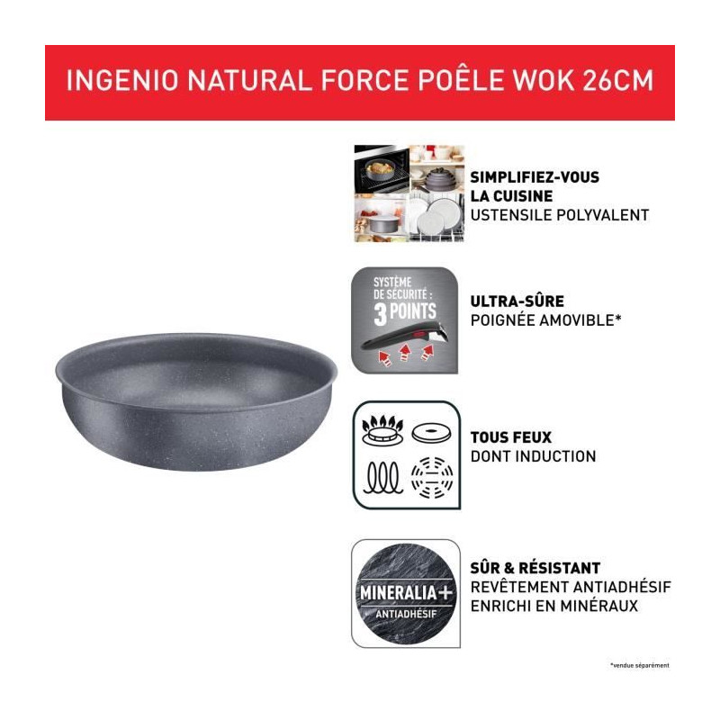 TEFAL INGENIO Natural Force Wok 26 cm, Induction, Antiadhésif, Empilable, Compatible lave-vaisselle, Fabriqué en France L39677