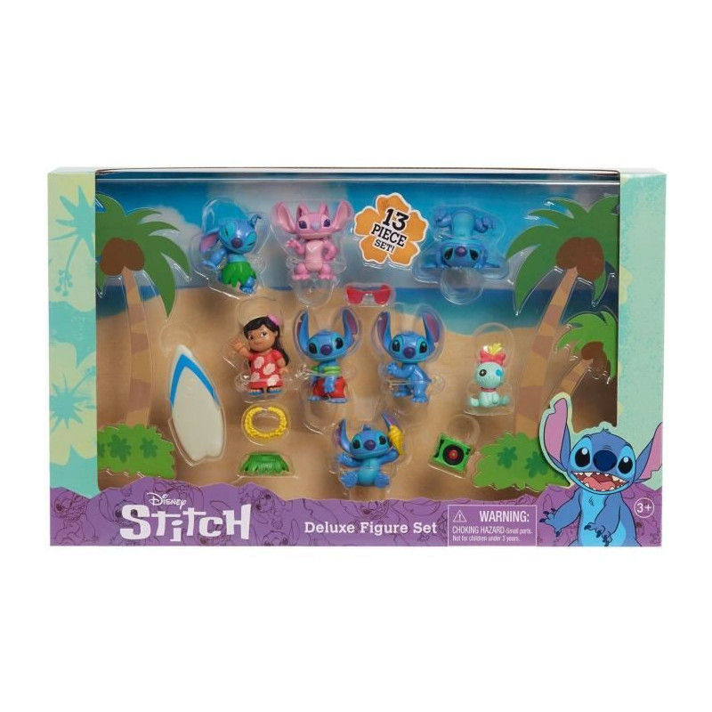 Figurines et accessoires - LICENCE /STITCH - Coffret Deluxe - 13 figurines et accessoires, Stitch dans 5 poses, planche de surf