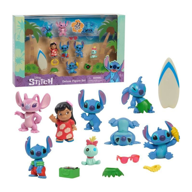 Figurines et accessoires - LICENCE /STITCH - Coffret Deluxe - 13 figurines et accessoires, Stitch dans 5 poses, planche de surf