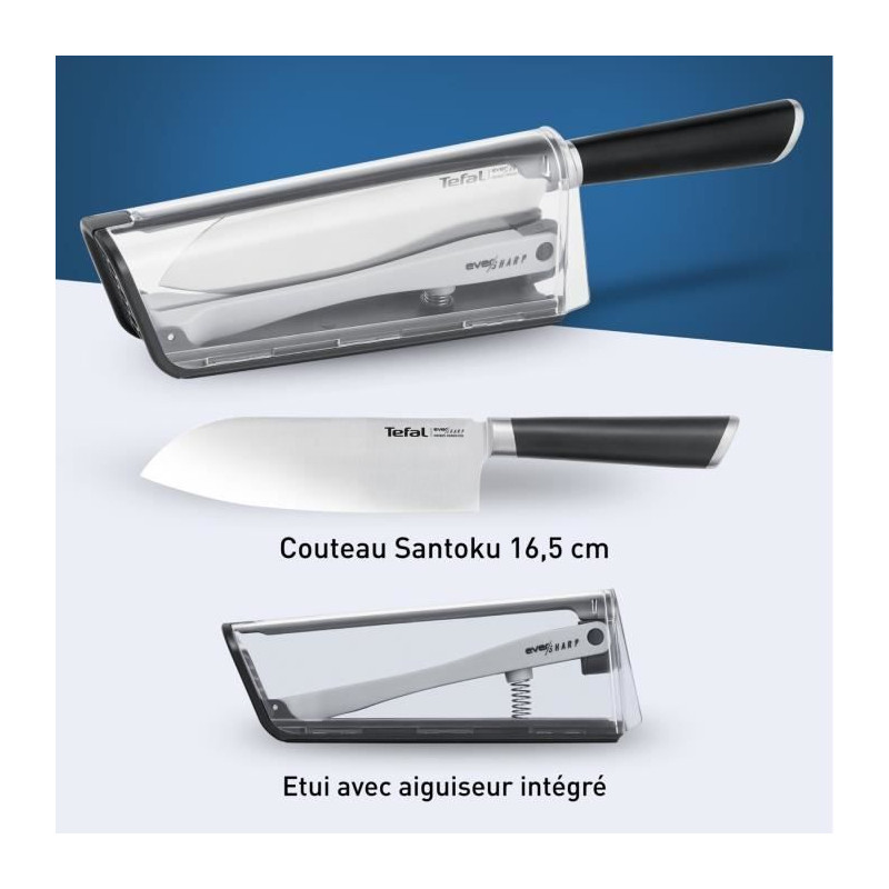 TEFAL Ever Sharp Couteau de cuisine Santoku 16,5 cm, Aiguiseur intégré, Technologie sécurisée, Acier inoxydable allemand K25