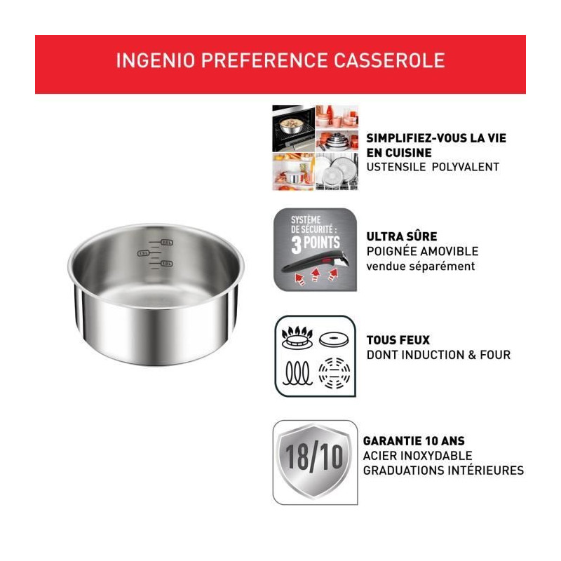 TEFAL INGENIO Preference Casserole 20 cm, Induction, Inox, Empilable, Compatible lave-vaisselle L8983004