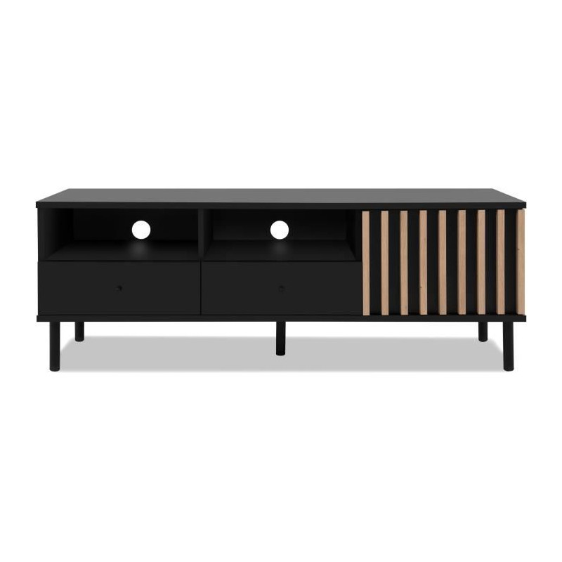 Meuble TV - MONZA - Noir / Chene artisan - 2 tiroirs, 2 niches ouvertes, 1 porte - 138 x 49 x 40 cm