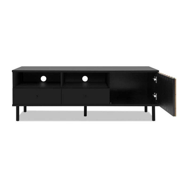 Meuble TV - MONZA - Noir / Chene artisan - 2 tiroirs, 2 niches ouvertes, 1 porte - 138 x 49 x 40 cm