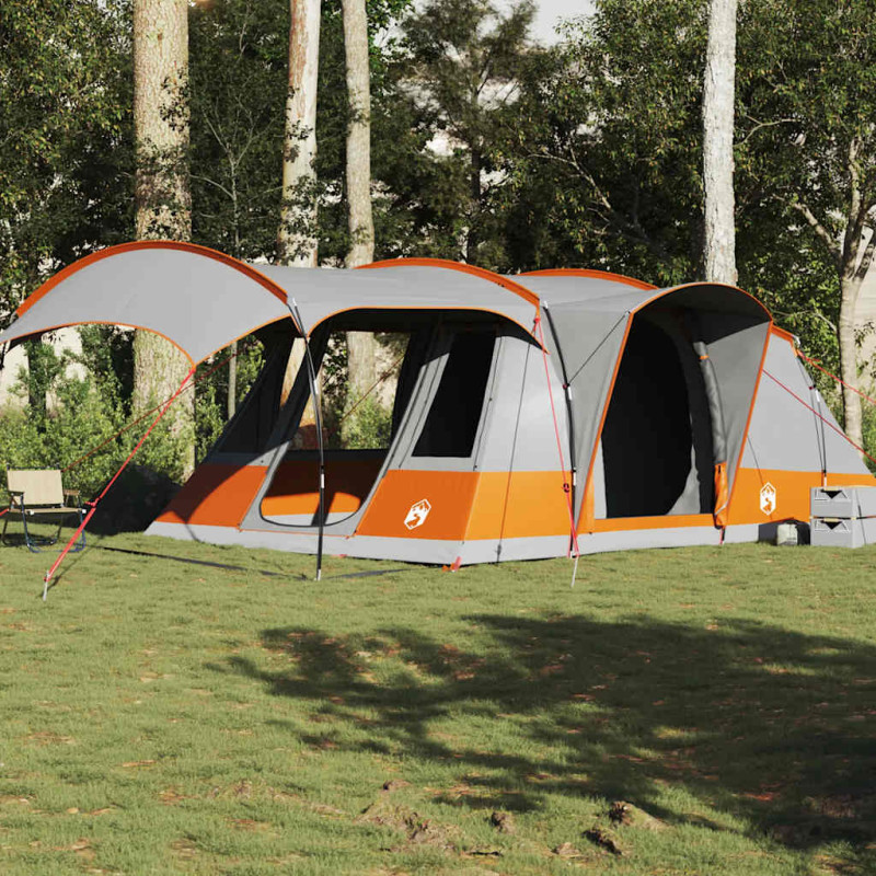 Tente de camping tunnel 5 personnes gris et orange imperméable