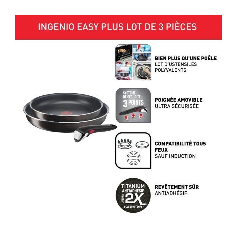 TEFAL INGENIO Easy Plus Poeles 24/28cm + poignée, Non induction, Antiadhésif, Compatible Lave-vaisselle, Fabriqué en France L