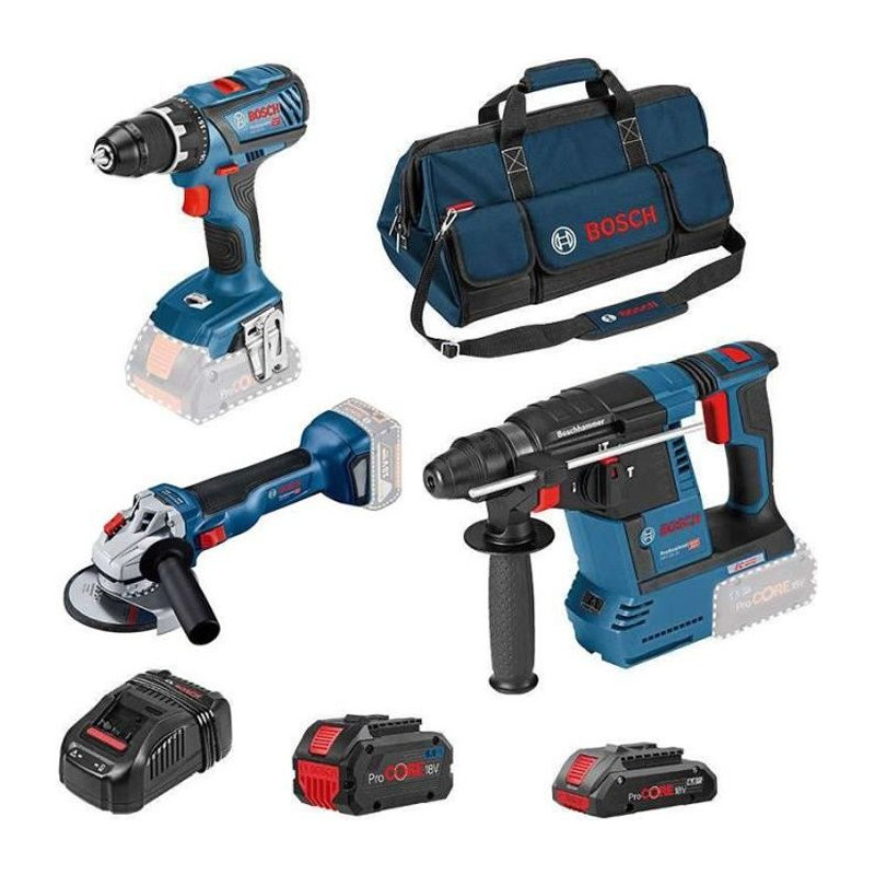 Bosch Pro 3 OUTILS : perceuse GSR 18V-55 + meuleuse GWS 18V-10 + perforateur GBH 18V-26 + 1xProCORE18V 8.0Ah GAL 1880 CV