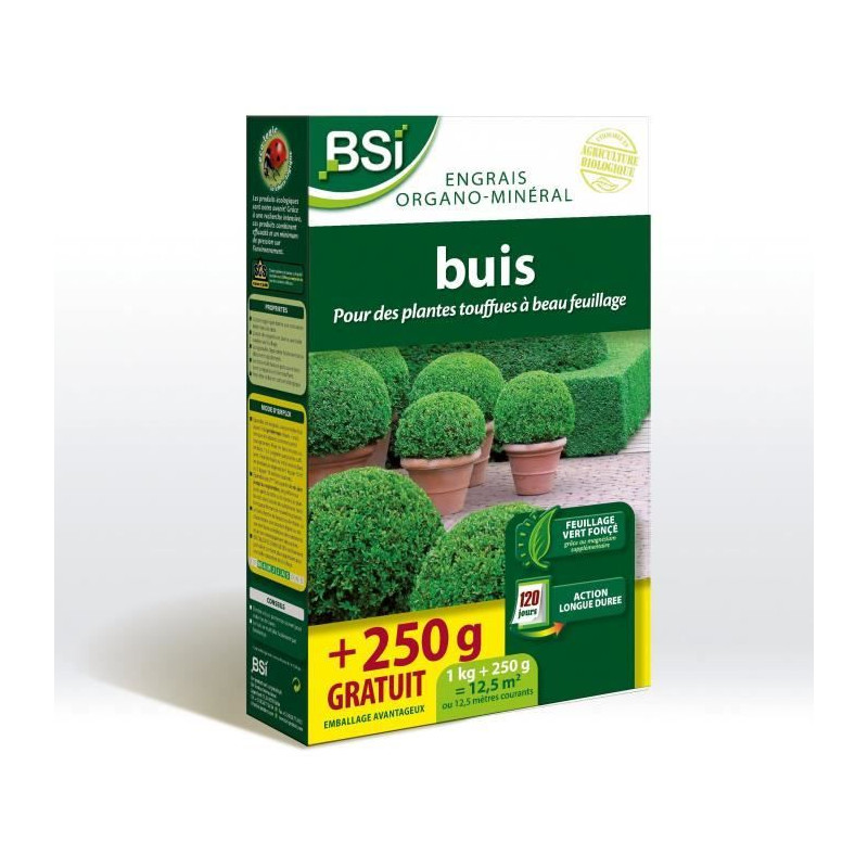 Engrais Buis - BSI - Bio - Feuillage étincelant et vert fonçé - Action longue durée - 1Kg + 250g gratuit - Jusqu'a 12,5 m²