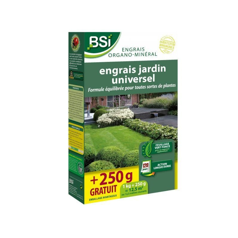 Engrais Bio universel - BSI - Végétaux multiples - Gazon, potager, fleurs - Action longue durée - 1Kg + 250g gratuit - 12,5 m