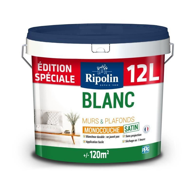 Peinture murs et plafonds - RIPOLIN - 426884 - Monocouche - Satin - Blanc - 12 L