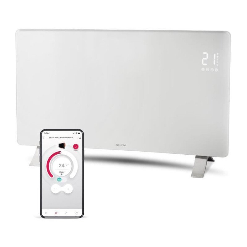 Radiateur intelligent Wi-Fi en verre - SENCOR - SCF 4740WH - 2400 W - 2 niveaux - Thermostat - Blanc