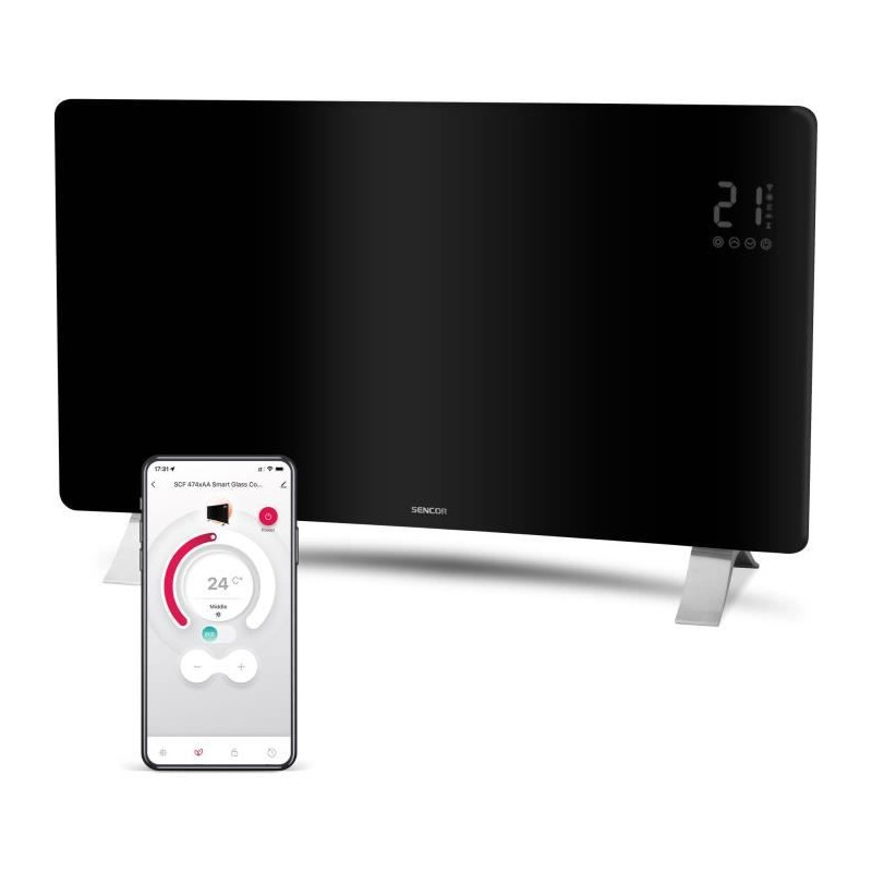 Radiateur intelligent Wi-Fi en verre - SENCOR - SCF 4741BK - 2400 W - 2 niveaux - Thermostat - Noir