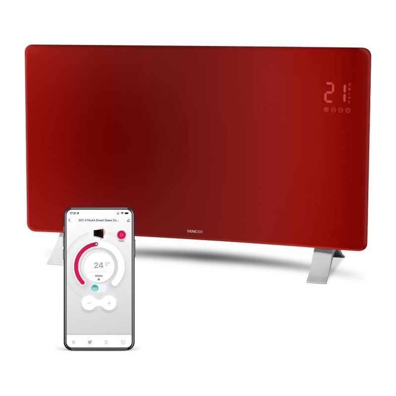 Radiateur intelligent Wi-Fi en verre - SENCOR - SCF 4742RD - 2400 W - 2 niveaux - Thermostat - Rouge