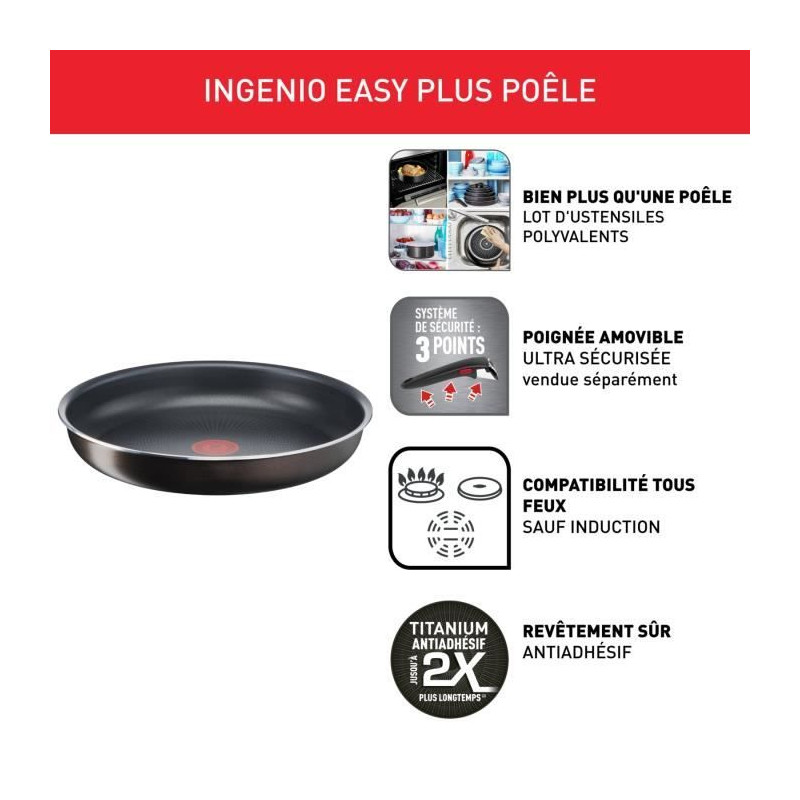 TEFAL INGENIO Easy Plus Poele 28 cm, Non induction, Antiadhésif, Empilable, Compatible Lave-vaisselle, Fabriqué en France L150