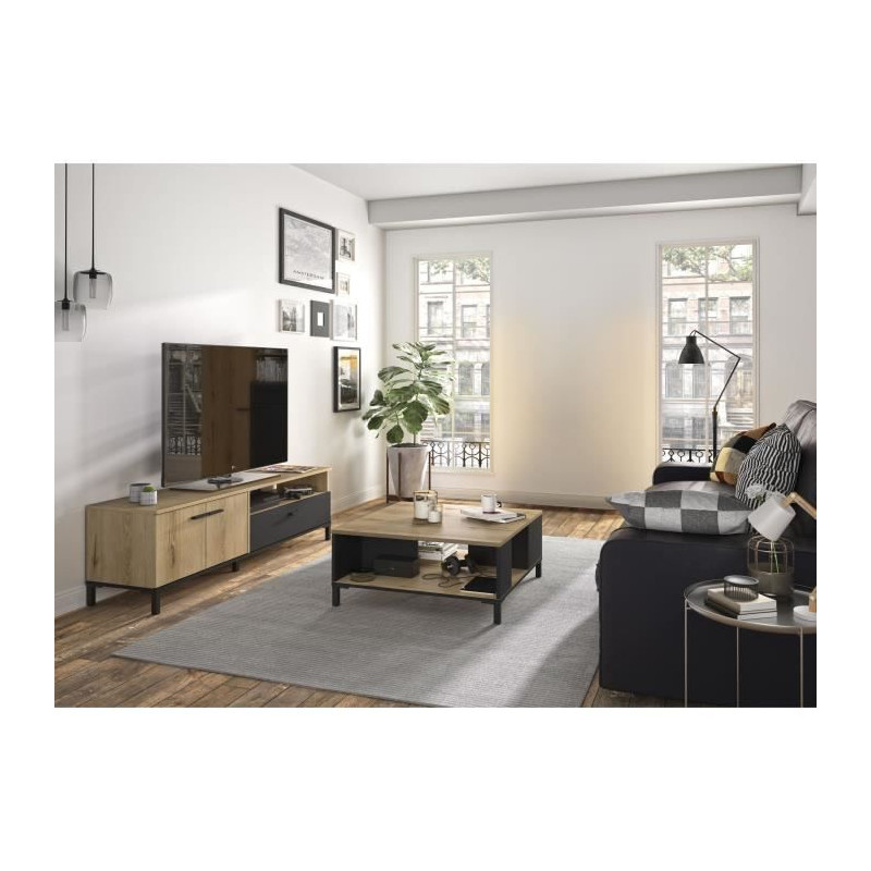 Ensemble meuble TV et table basse - TRUST - Chene / Noir - GAMI