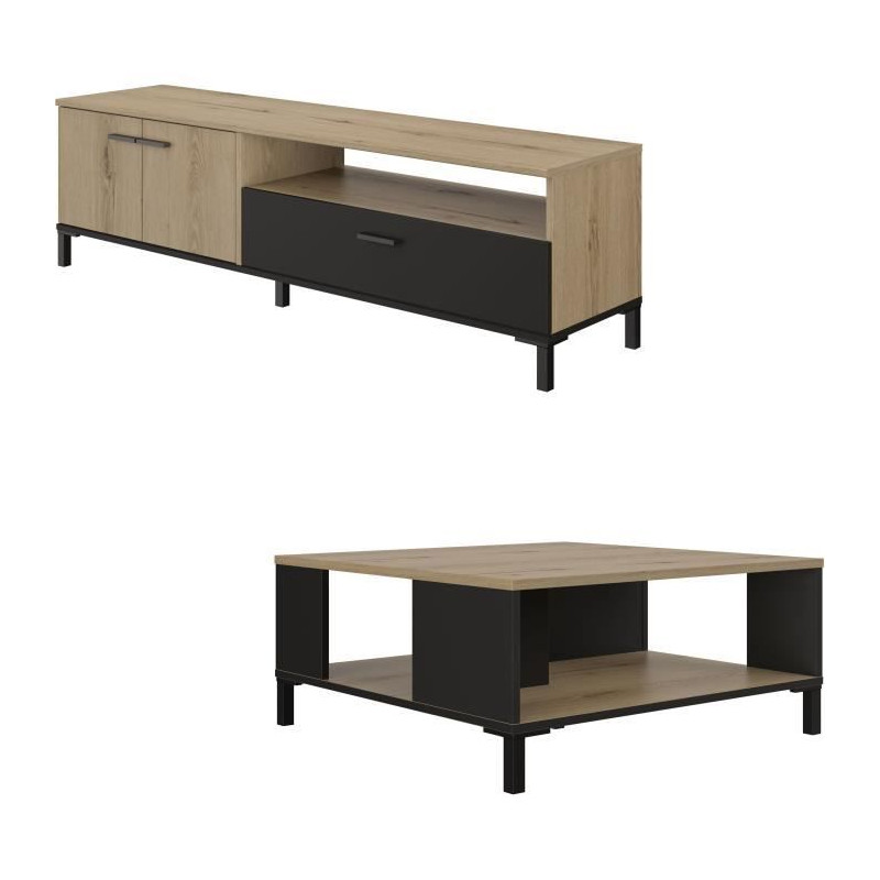 Ensemble meuble TV et table basse - TRUST - Chene / Noir - GAMI