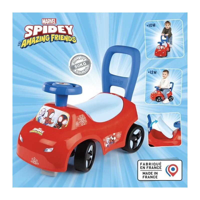 Smoby - Porteur auto enfant 2 en 1 - Spidey - Coffre sous la selle + klaxon - Des 10 mois - Fabrication française