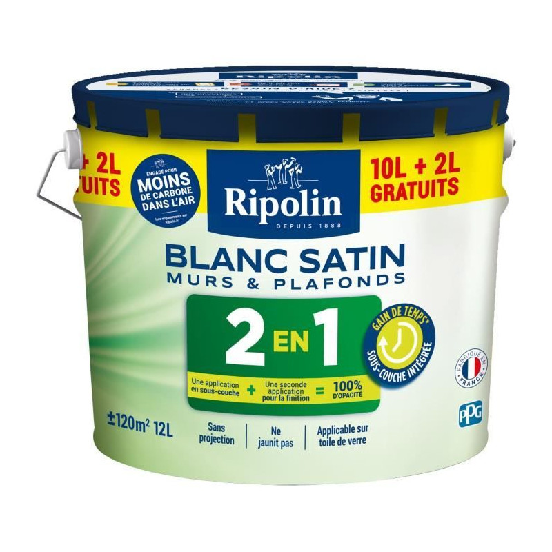 Peinture Murs et Plafonds 2 en 1 Blanc Satin Ripolin 10L + 2L gratuits