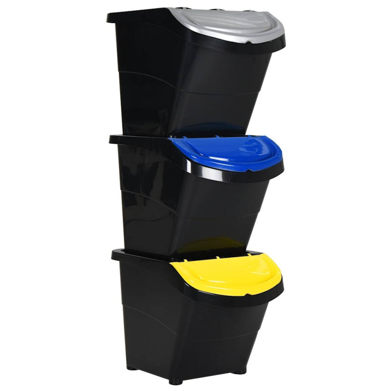 Poubelles empilables avec couvercles 3 pcs noir PP 78 L